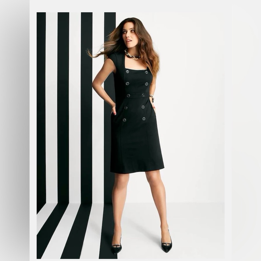 White House Black Market Double-Breasted Square‎ Neck Button Little Black Dress